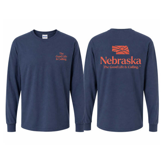 Front and back views of a navy blue long-sleeve t-shirt. The front has a small orange text graphic on the left chest reading 'The Good Life Is Calling.