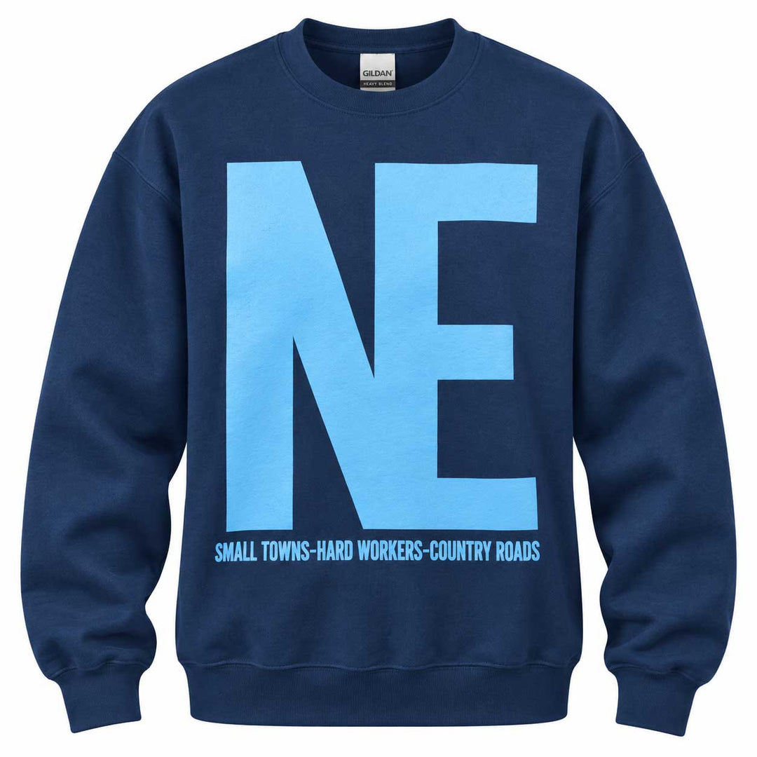 A navy blue crewneck sweatshirt featuring a large light blue 'NE' graphic on the front with the text 'SMALL TOWNS-HARD WORKERS-COUNTRY ROADS' printed underneath.