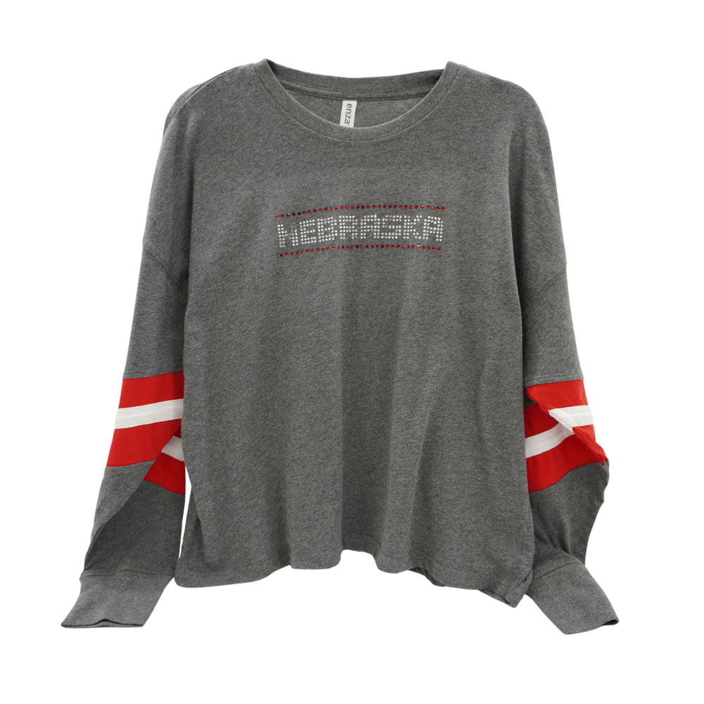 Gray long-sleeve shirt with 'Nebraska' text and red and white sleeve designs on a white background