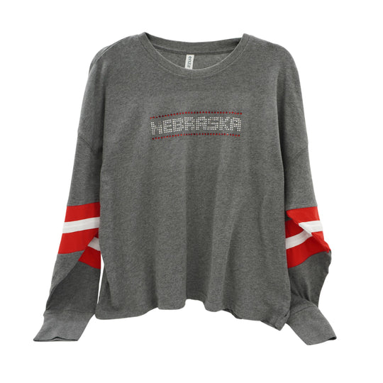 Gray Nebraska Long Sleeve Shirt with Red & White Striped Sleeves | Multiple Sizes | Nature Find & Designs