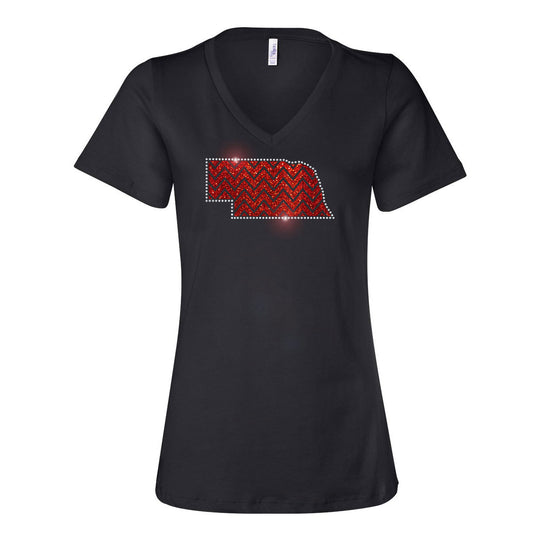 Nebraska Chevron Rhinestone V-Neck Tee | Mutiple Sizes | Nature Finds & Designs