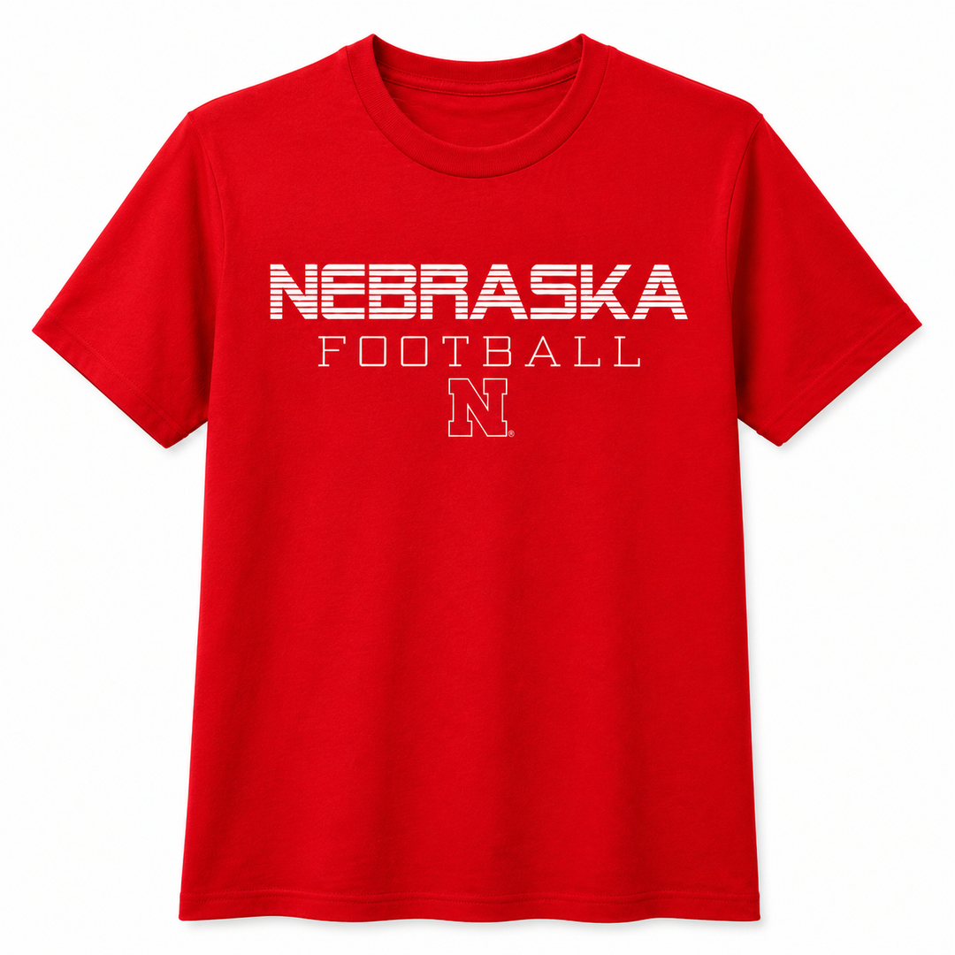 Red t-shirt with 'Nebraska Football' text and logo on a white background