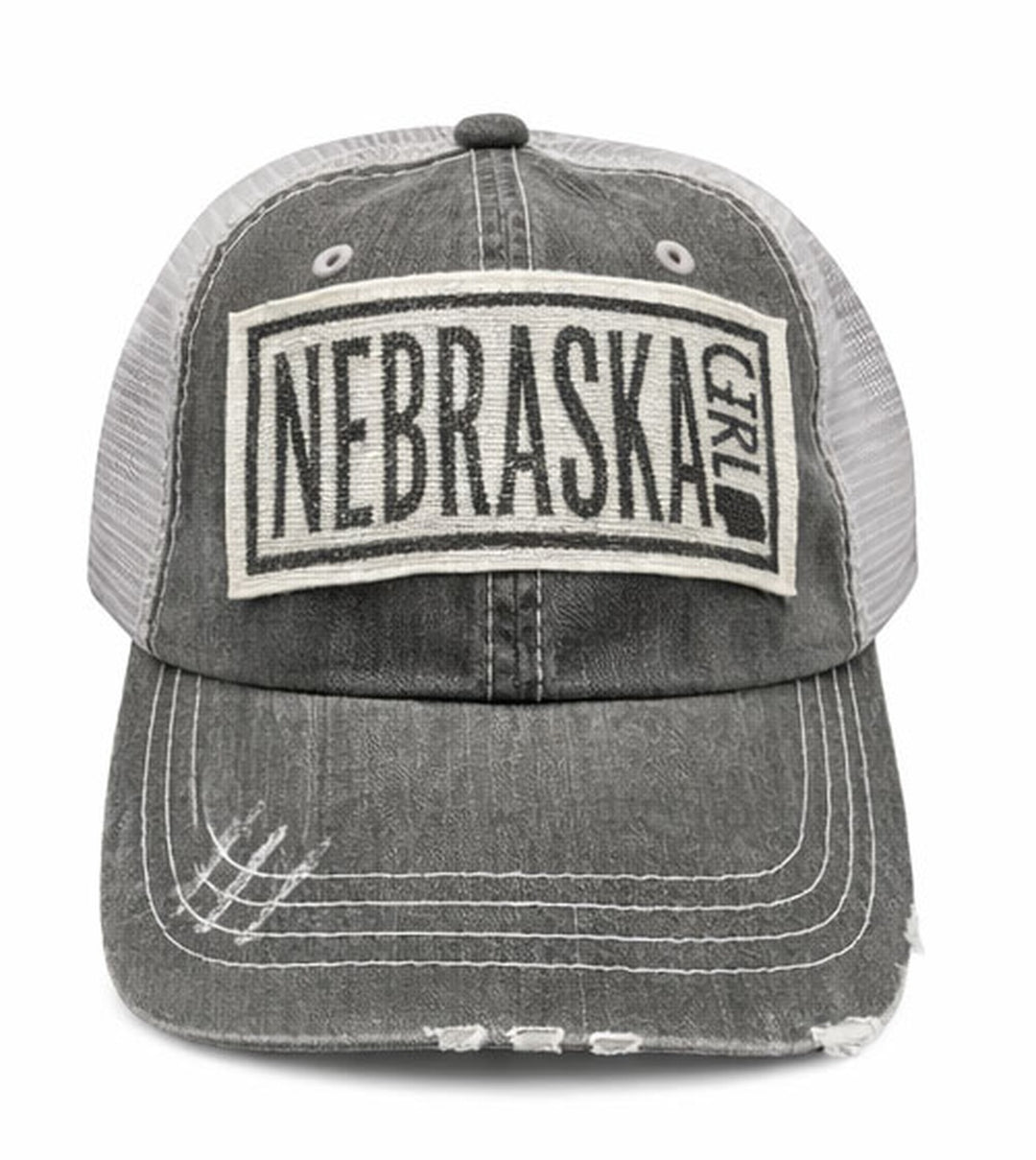 Gray trucker cap with 'Nebraska Girl' patch on a white background