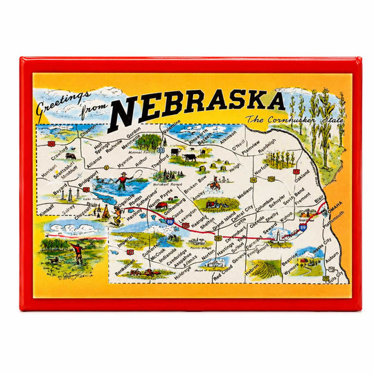 A vintage-style illustrated map of Nebraska with the words 'Greetings from NEBRASKA' at the top, shown on a white background.
