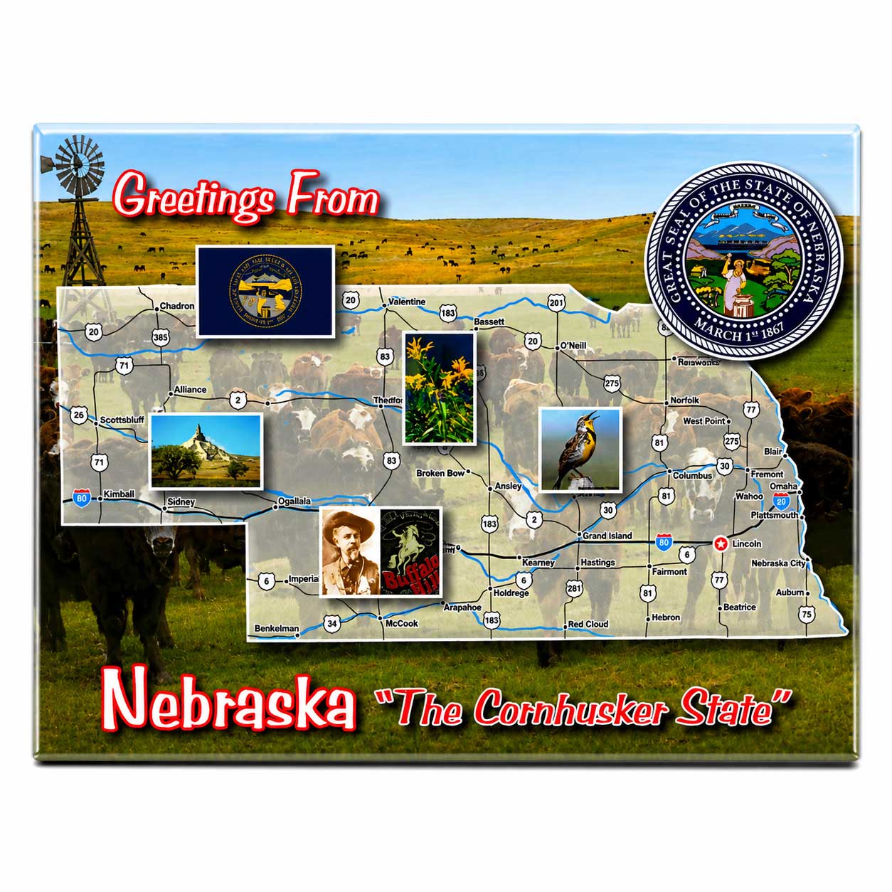 A Nebraska state map poster with decorative elements including the state seal, a windmill, cornhuskers, and small inset photos of landmarks and people. The text reads 'Greetings From Nebraska "The Cornhusker State"'.