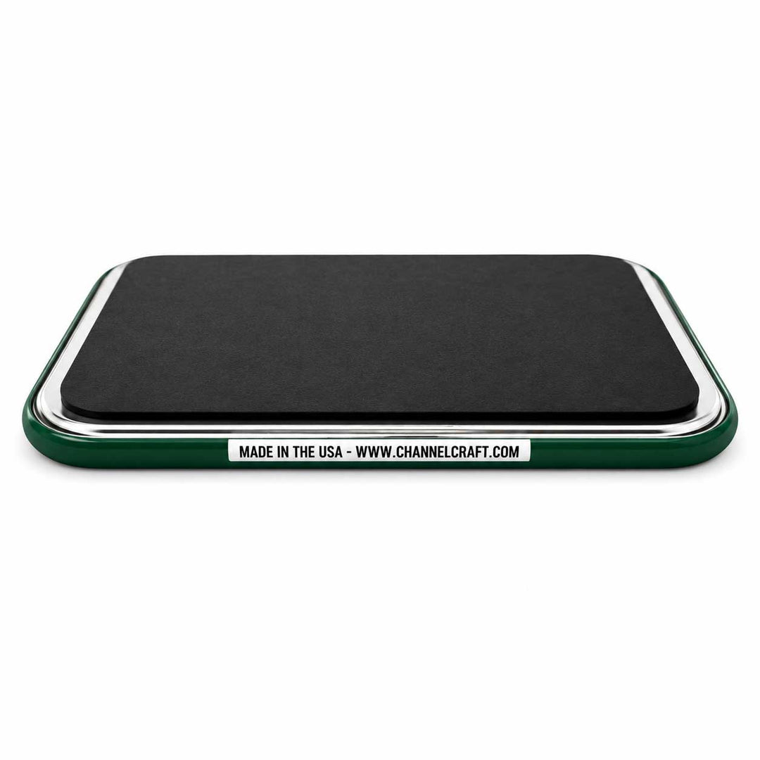 A rectangular magnet with a green border and a silver metallic trim, featuring a white label that reads 'MADE IN THE USA - WWW.CHANNELCRAFT.