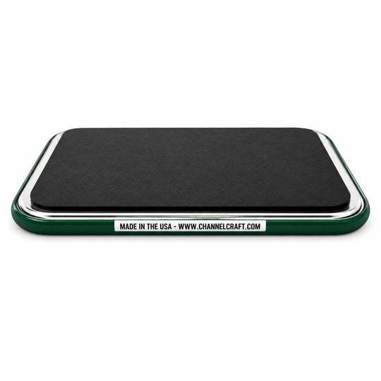 A rectangular magnet with a green border and a silver metallic trim, featuring a white label that reads 'MADE IN THE USA - WWW.CHANNELCRAFT.