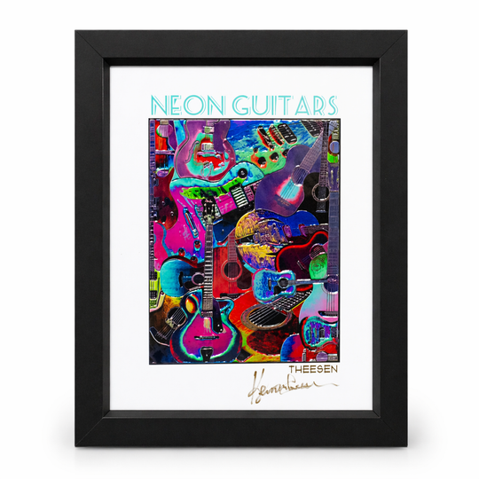 Framed artwork of colorful neon guitars with 'Neon Guitars' text above.