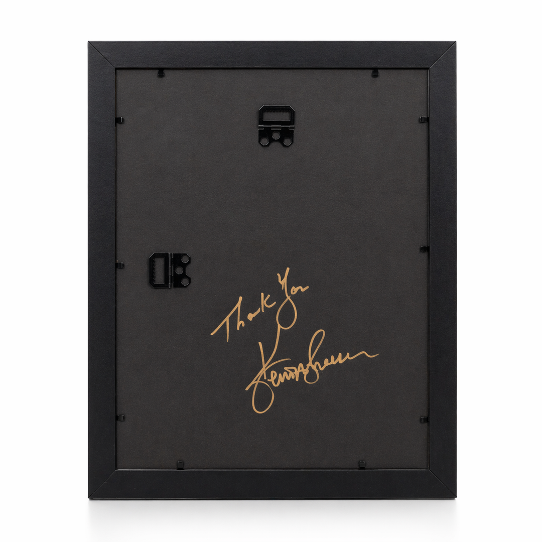 Back of a black frame with gold text 'Thank You' and signature on a white background