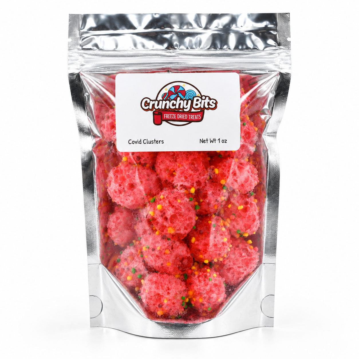 Packaged red treats with a Crunchy Bits label on a white background