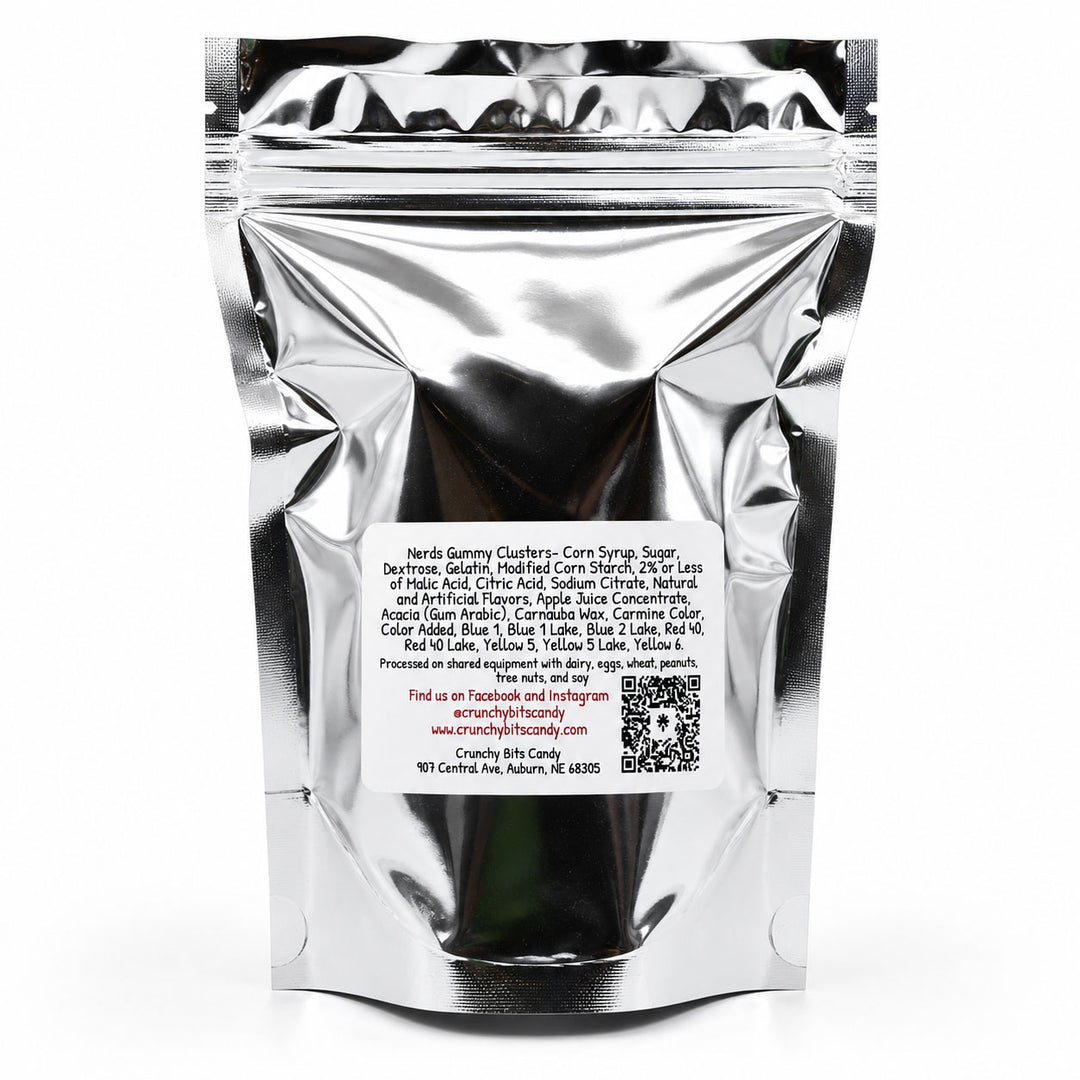 Silver foil packaging with a label on a white background