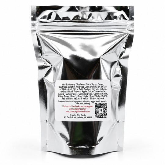 Silver foil packaging with a label on a white background
