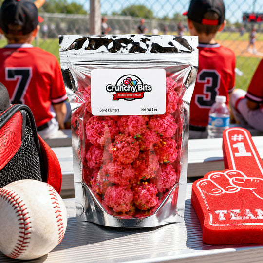 Bag of Crunchy Bits with a baseball and team accessories on a table