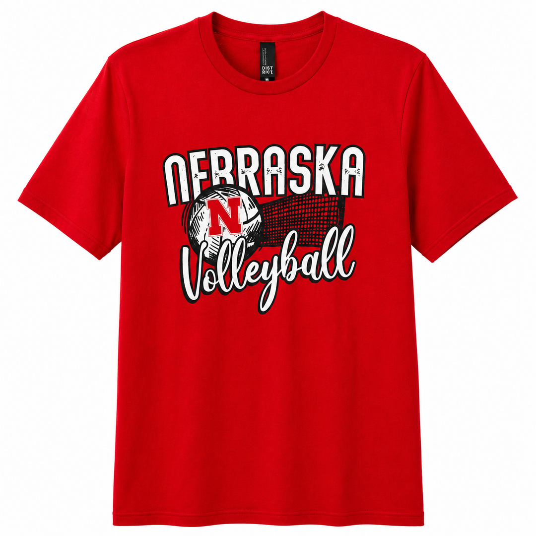 Red t-shirt with 'Nebraska Volleyball' text and volleyball graphic on a white background