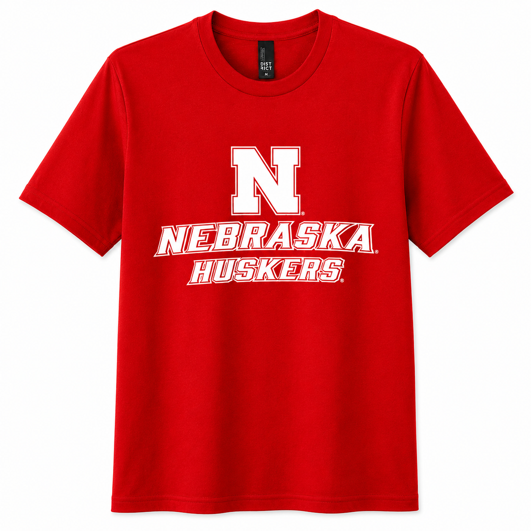 Red t-shirt with 'Nebraska Huskers' text and logo on a white background