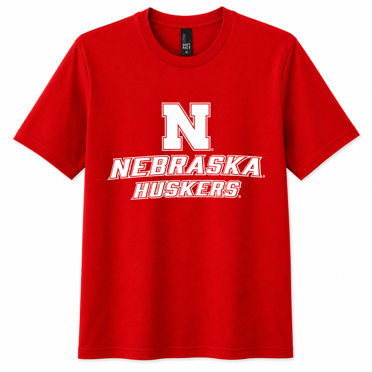 Red t-shirt with 'Nebraska Huskers' text and logo on a white background