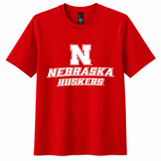 Red t-shirt with 'Nebraska Huskers' text and logo on a white background