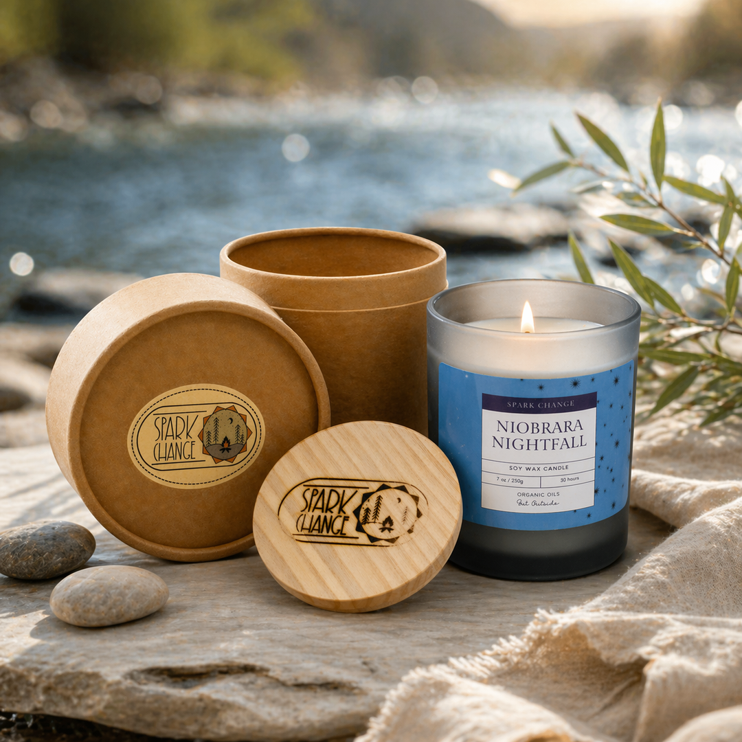Candle with wooden packaging and lid on a natural setting by a body of water