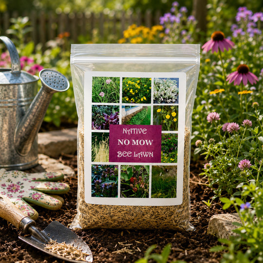 Bag of native no mow bee lawn mix with gardening tools and flowers in the background