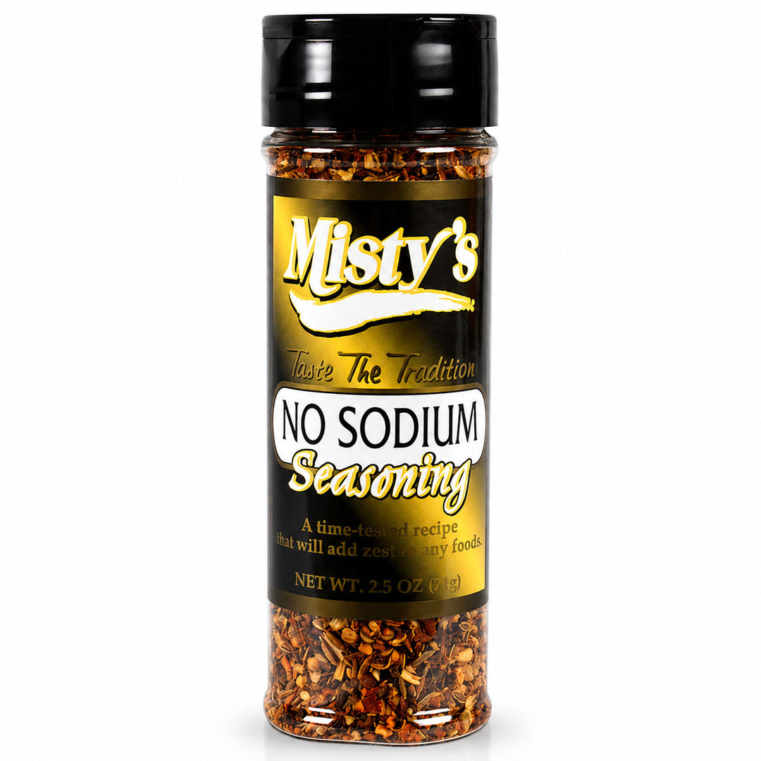 Bottle of Misty's No Sodium Seasoning on a white background