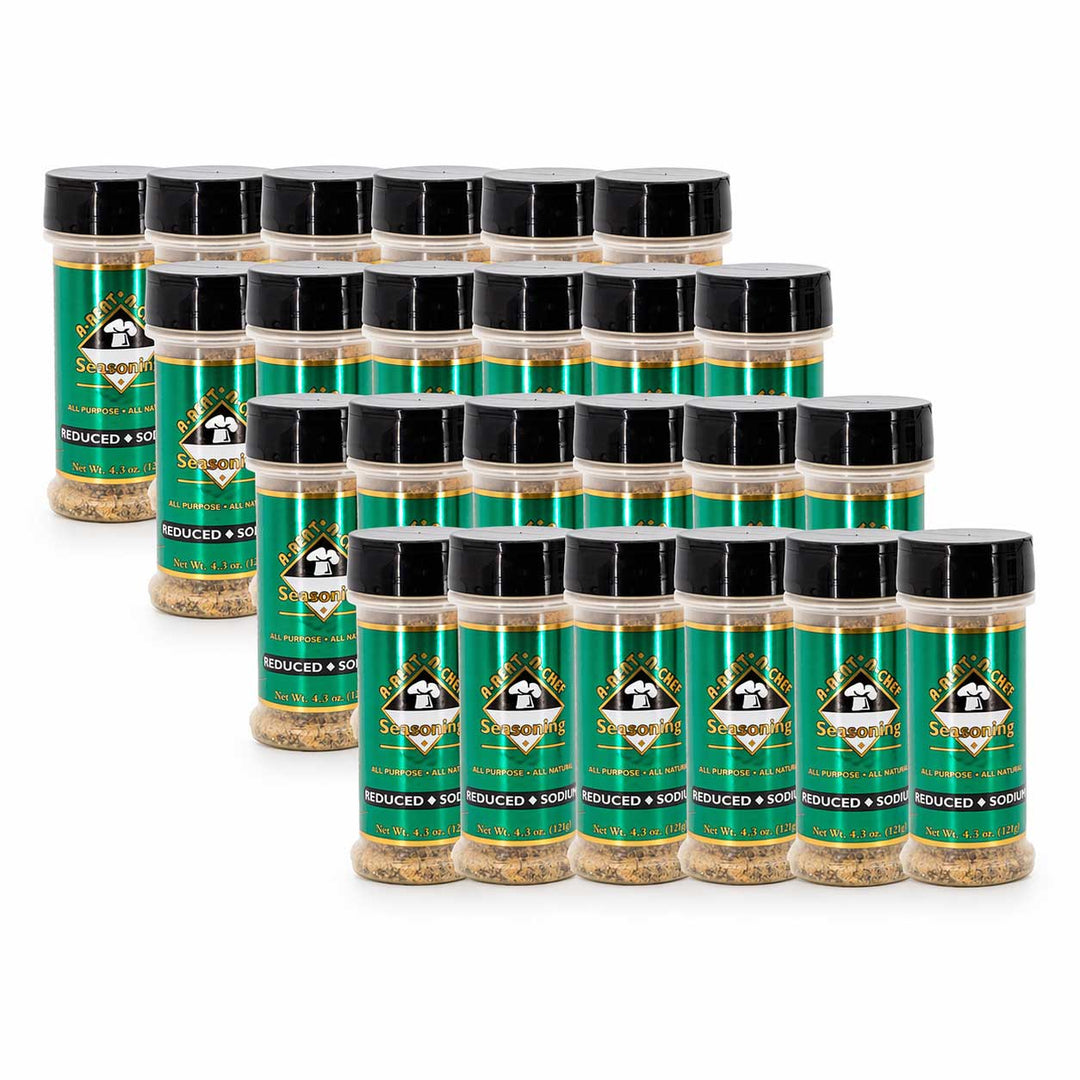 Multiple jars of A-Rent-A-Chef Reduced Sodium Seasoning arranged in rows on a white background
