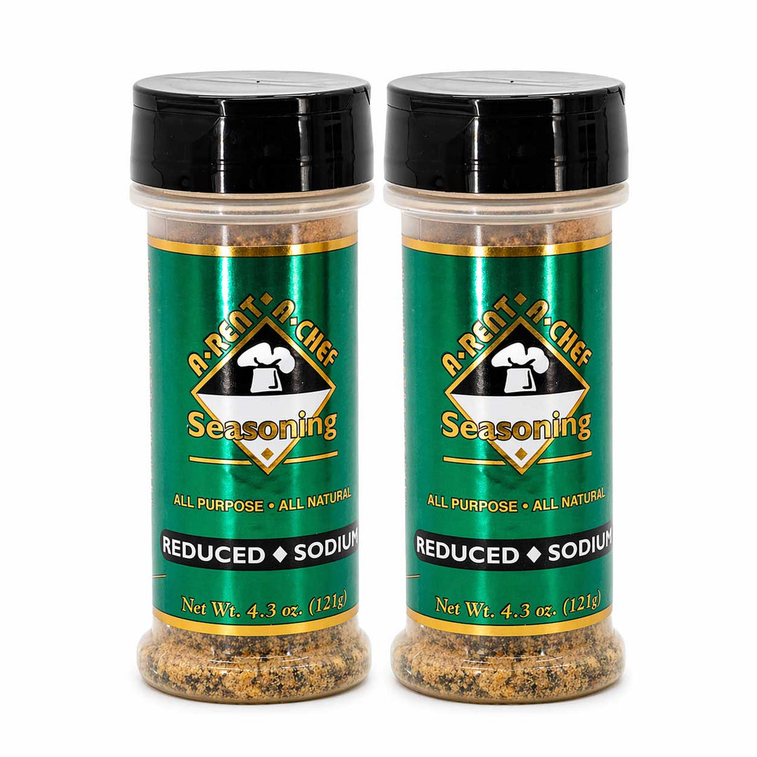 Two bottles of A. Rent O' Chef Seasoning with green labels on a white background