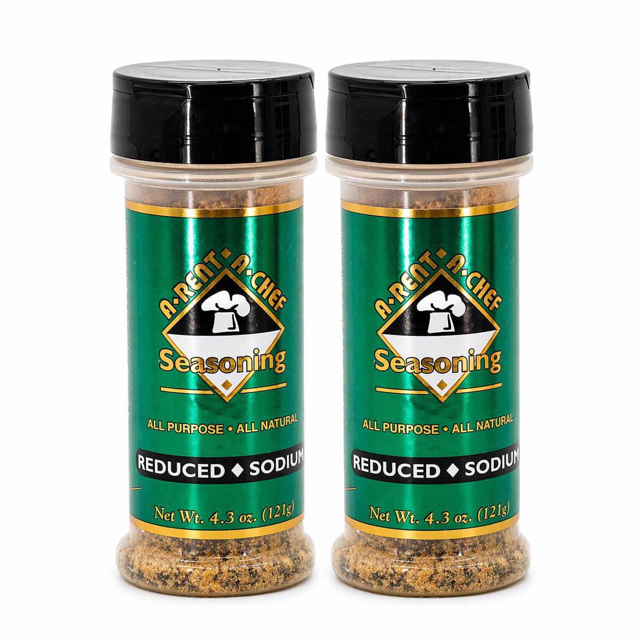 Two bottles of A. Rent O' Chef Seasoning with green labels on a white background