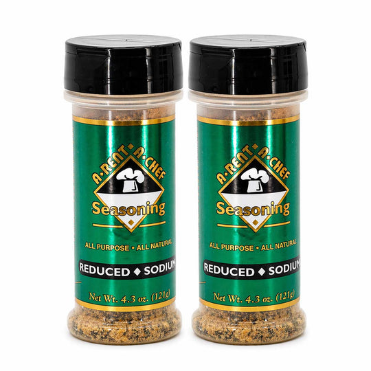 Two bottles of A. Rent O' Chef Seasoning with green labels on a white background