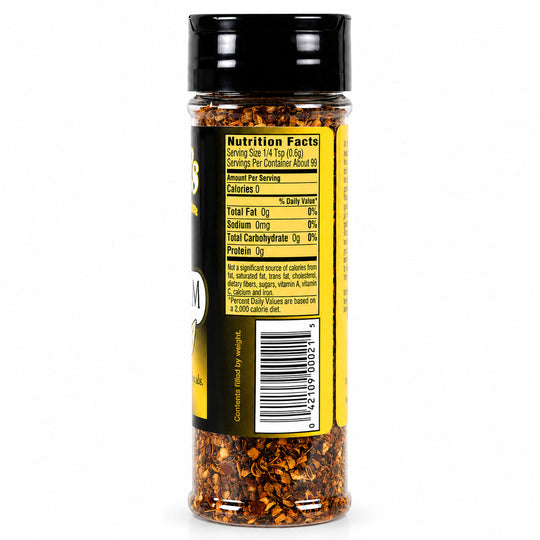 Spice jar with nutrition facts label on a white background