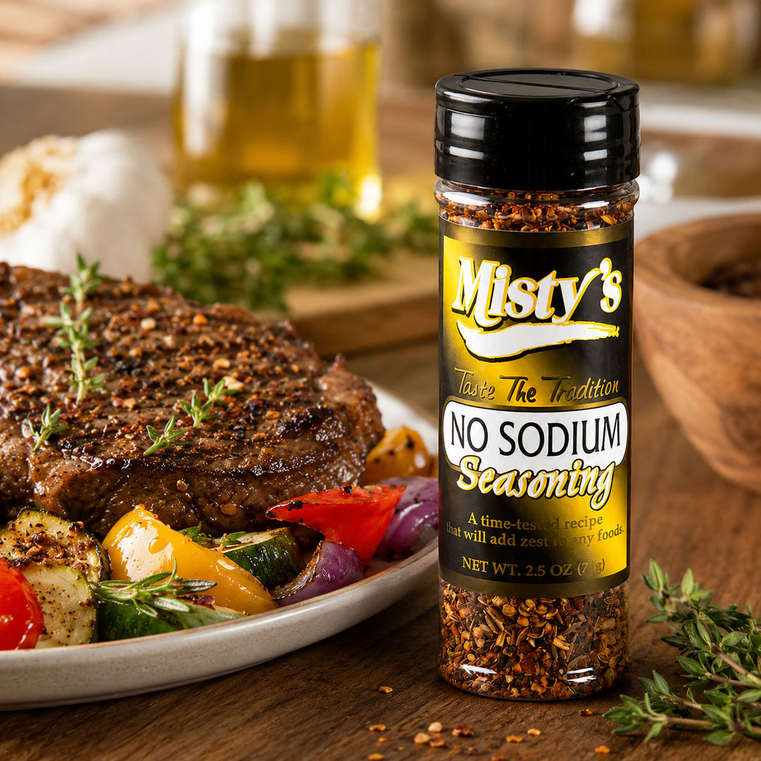 Bottle of Misty's No Sodium Seasoning with a cooked steak and vegetables on a wooden table.