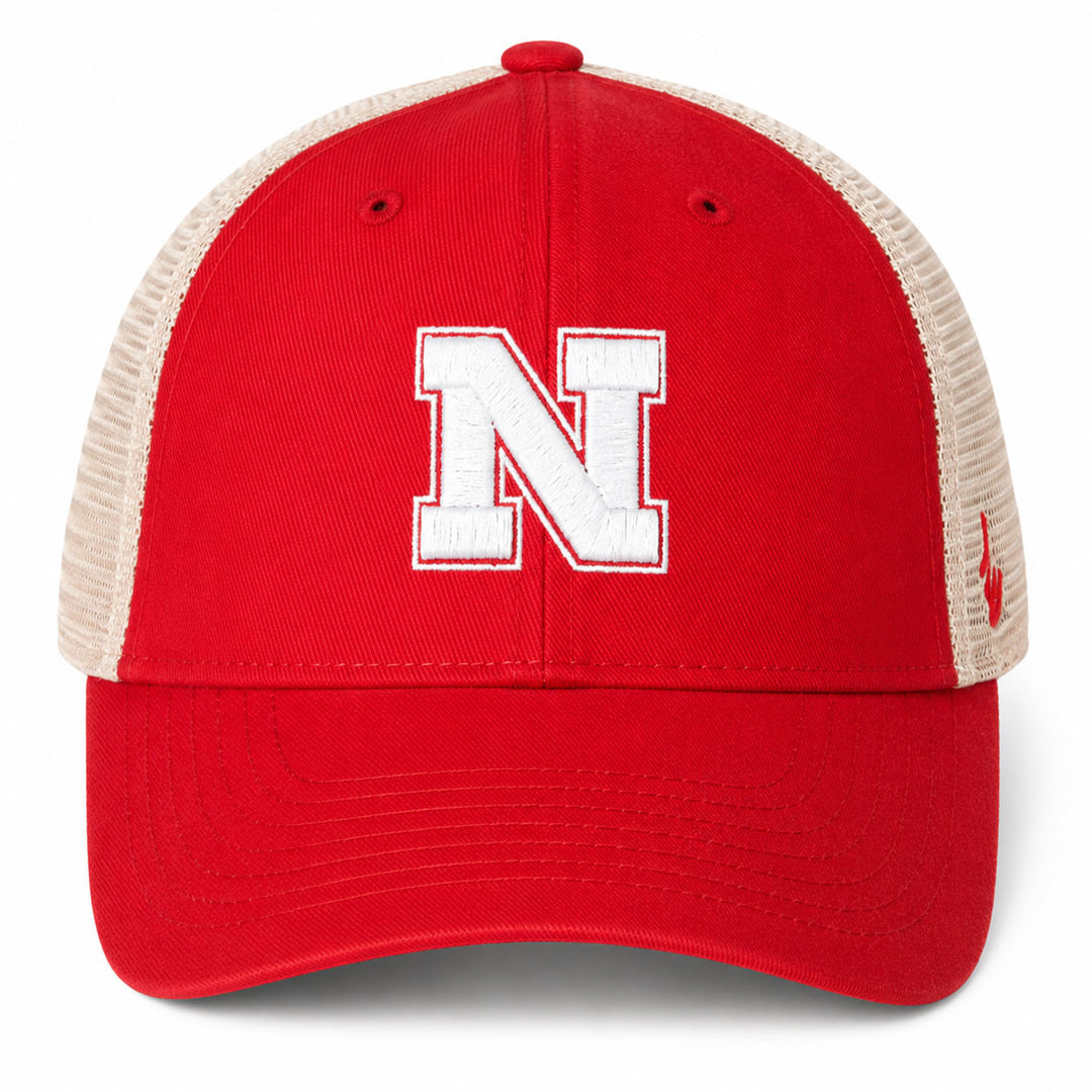 A red trucker-style baseball cap with beige mesh back panels and a large white embroidered letter 'N' on the front, shown against a plain white background.