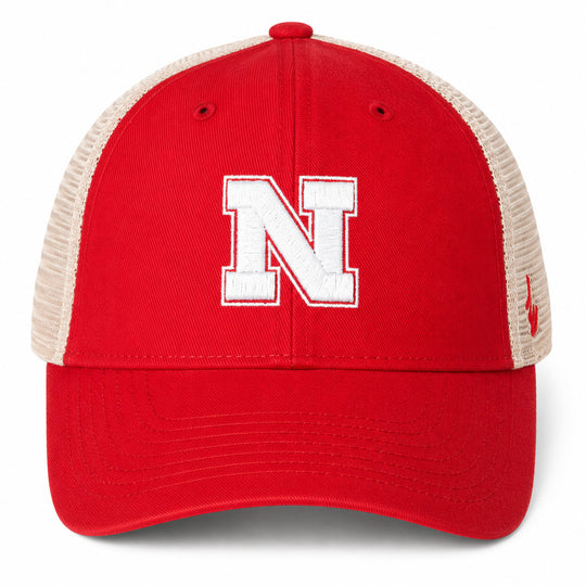 A red trucker-style baseball cap with beige mesh back panels and a large white embroidered letter 'N' on the front, shown against a plain white background.