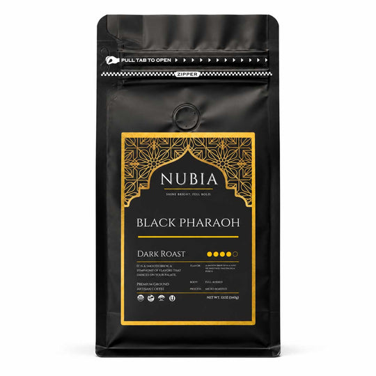 Black coffee packaging with gold label featuring 'Nubia Black Pharaoh Dark Roast' on a white background