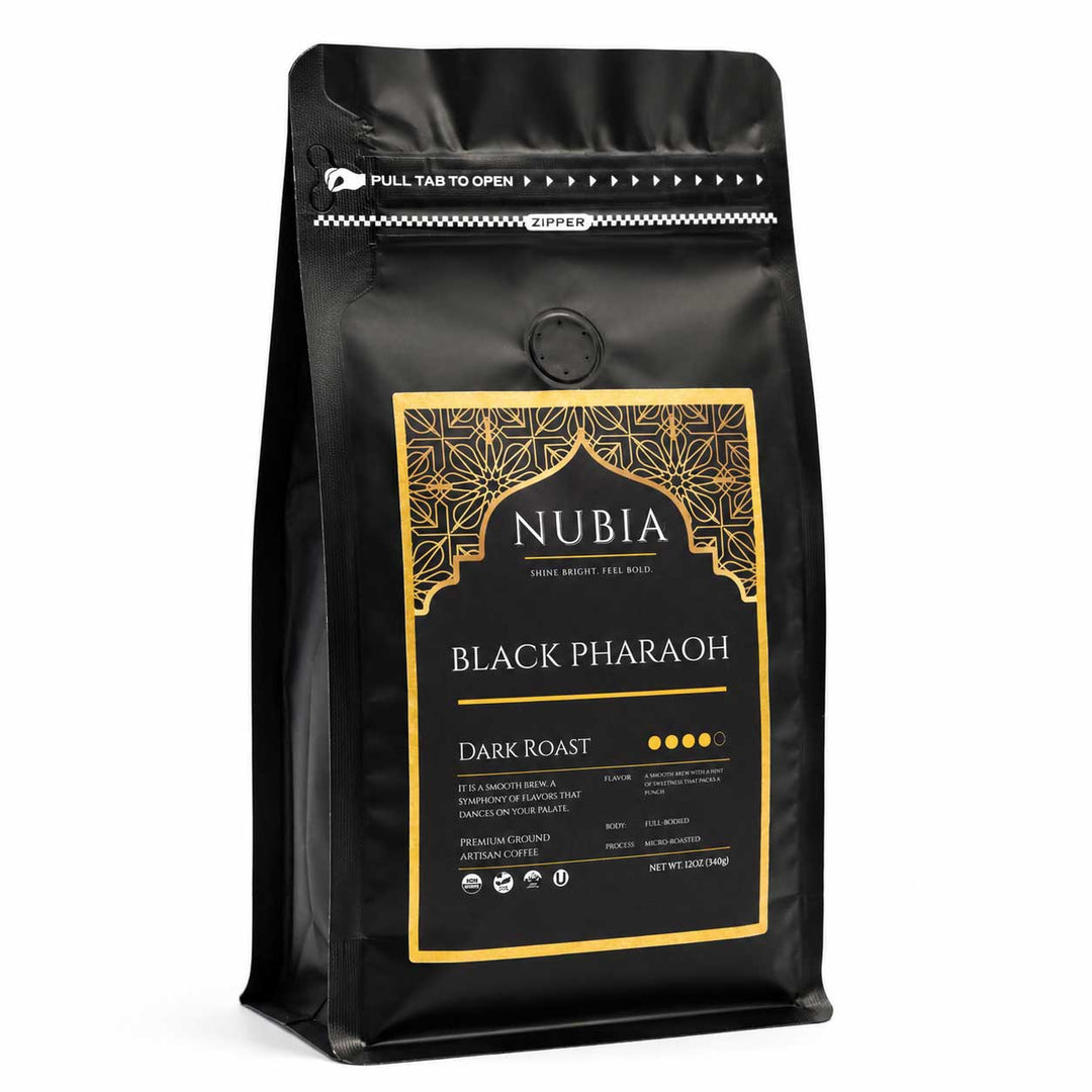 Black coffee bag with gold label featuring 'Nubia' branding on a white background