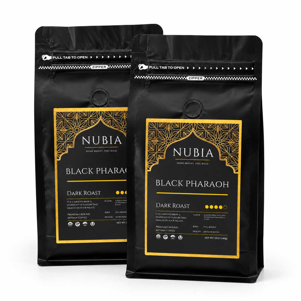 Two black coffee bags with gold labels featuring the brand 'Nubia' on a white background.