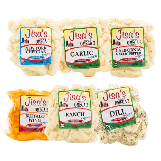 Cheese Nugget 6 Piece Sampler | Buffalo Wing, Dill, Ranch, Garlic, NY Cheddar, CA Garlic Pepper | Jisa's Farmstead Cheese