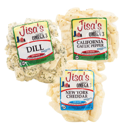 Cheese Nuggets 3 Piece Sampler | New York Cheddar, Dill, California Garlic Pepper | Jisa's Farmstead Cheese