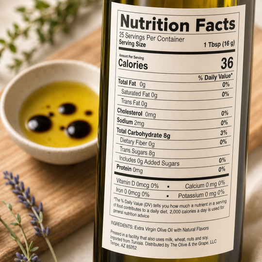Nutrition facts label on a bottle of olive oil with a bowl of olives and lavender in the background.