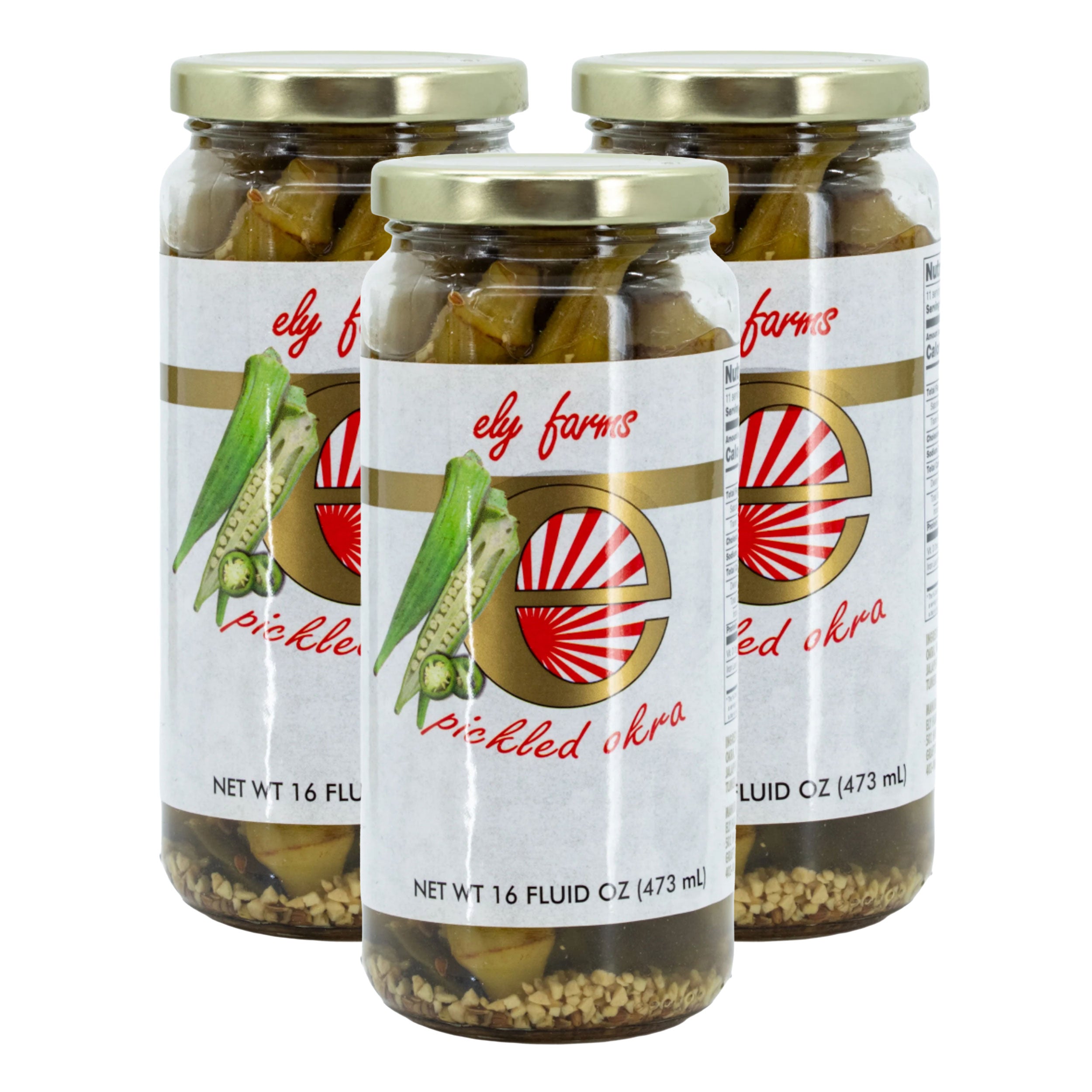 Three jars of Ely Farms pickled okra on a white background