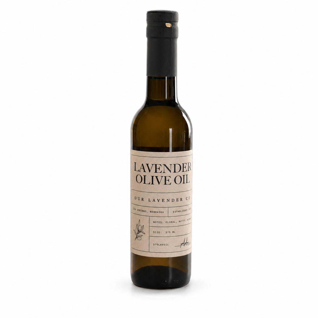 Bottle of lavender olive oil with a label on a white background