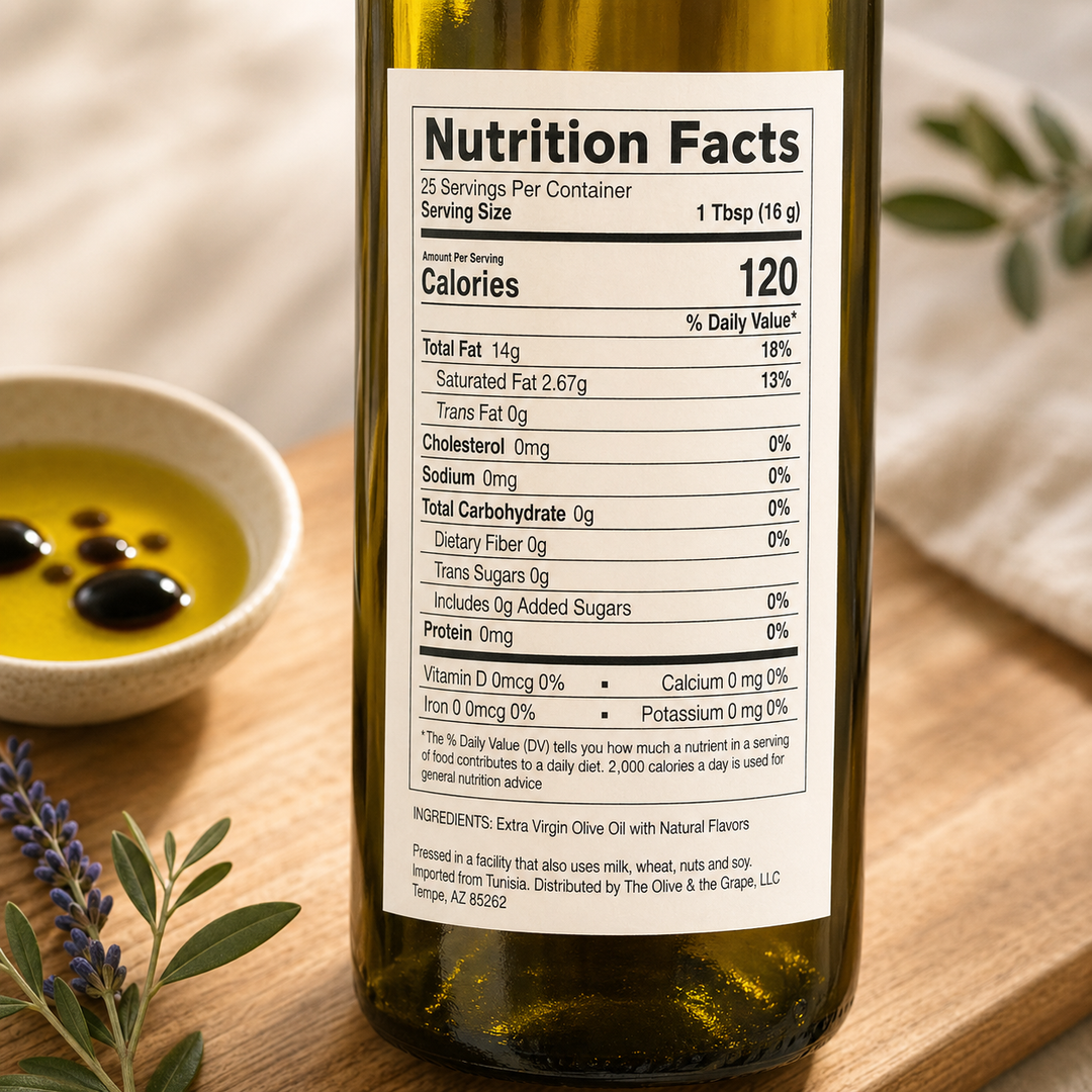 Bottle of olive oil with a nutrition facts label on a wooden surface.