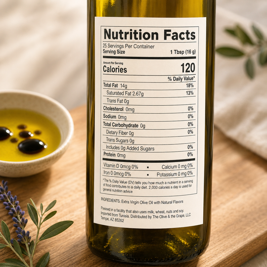 Bottle of olive oil with a nutrition facts label on a wooden surface.