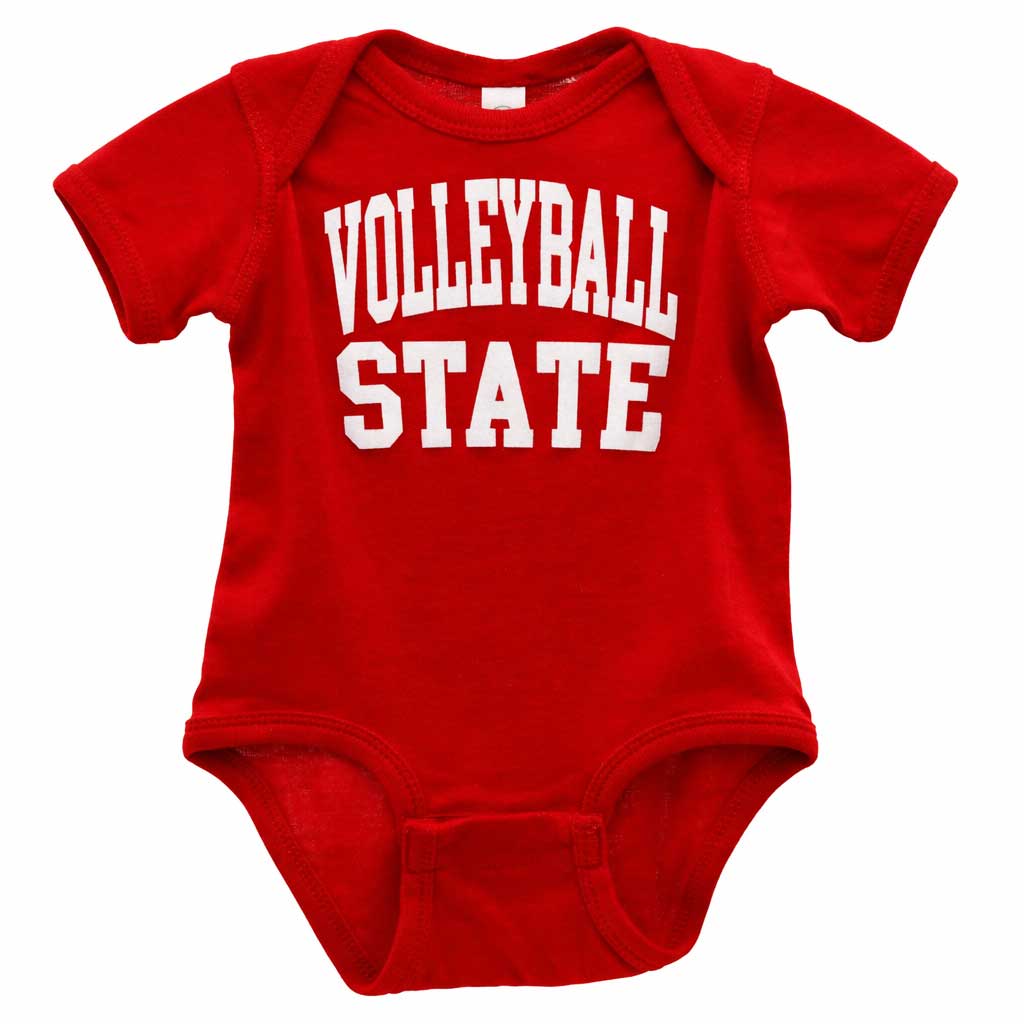 Red baby onesie with 'Volleyball State' text on a white background