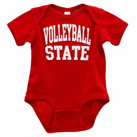 Red baby onesie with 'Volleyball State' text on a white background