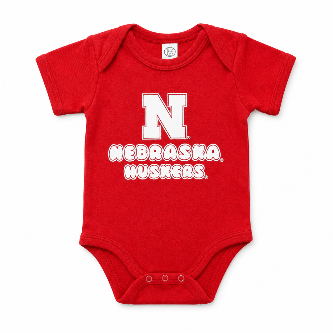 Red baby onesie with 'Nebraska Huskers' text on a white background