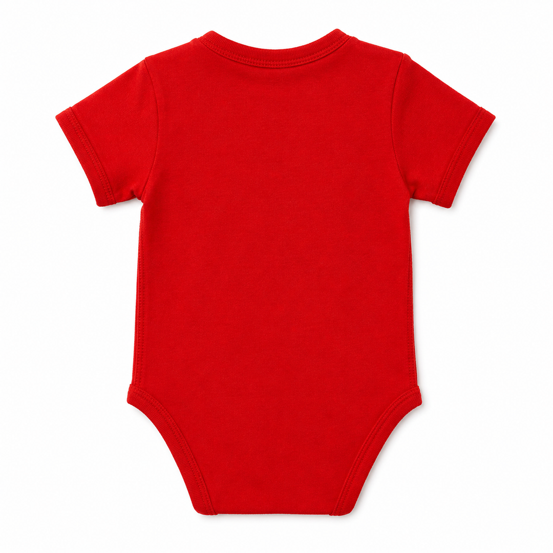 Red baby onesie on a white background