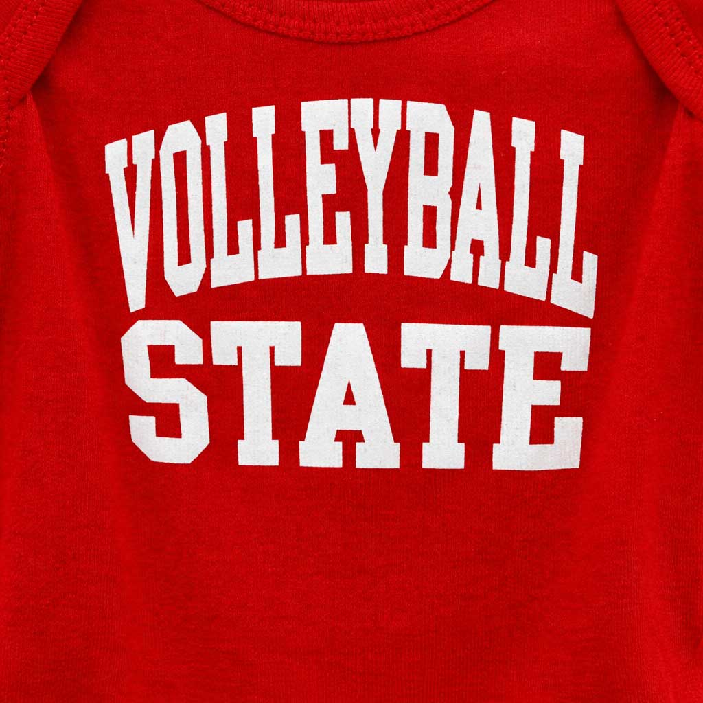 Red baby onesie with 'VOLLEYBALL STATE' printed in white text