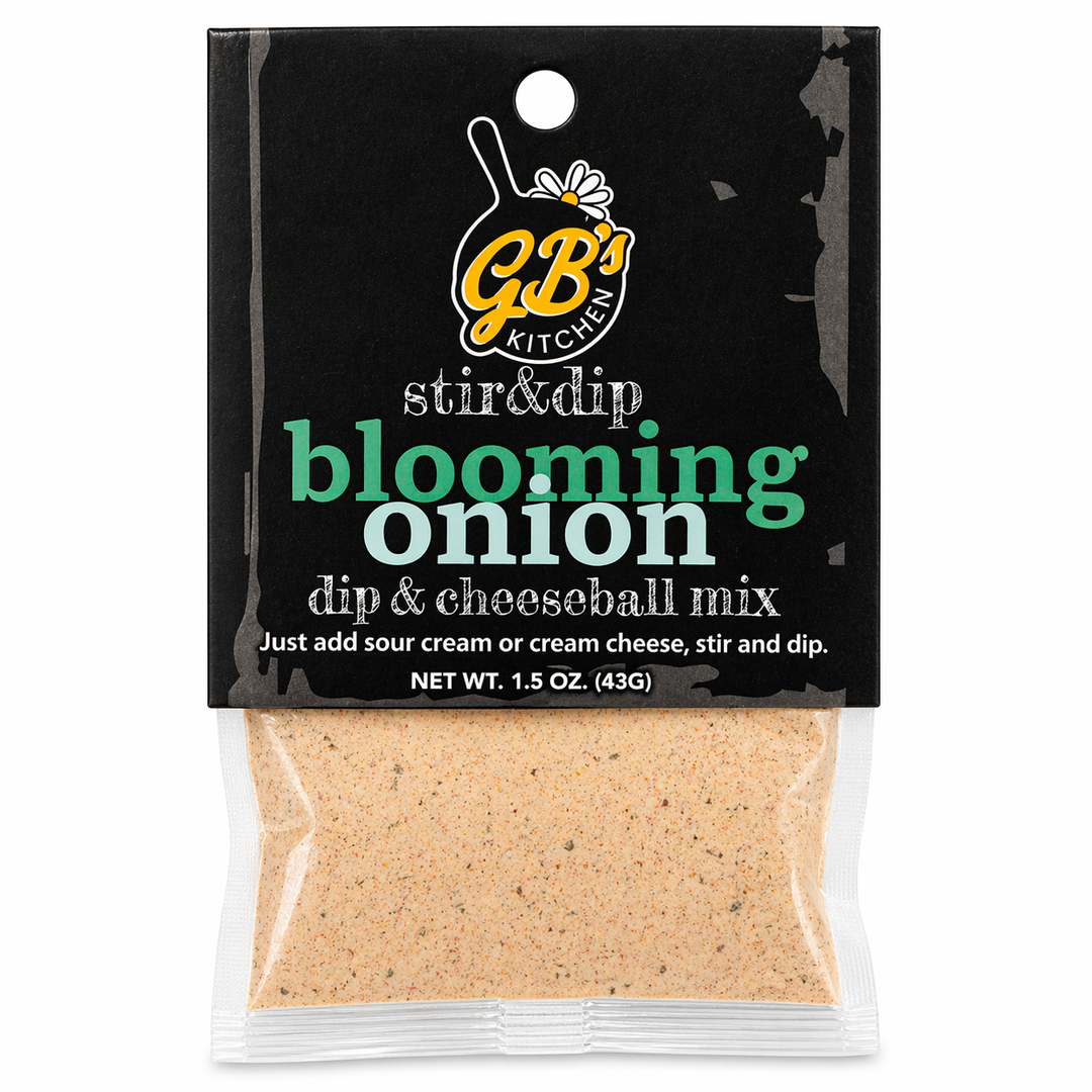 Package of GB's Kitchen blooming onion dip and cheeseball mix on a white background
