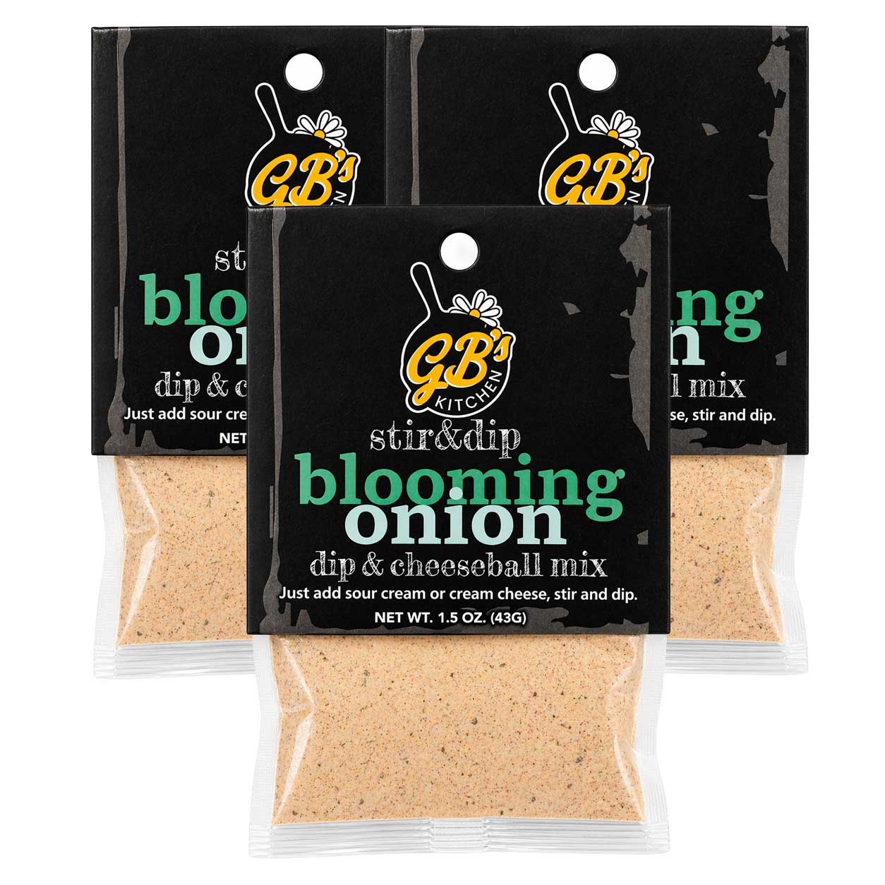 GB's Kitchen blooming onion dip & cheeseball mix packages on a white background