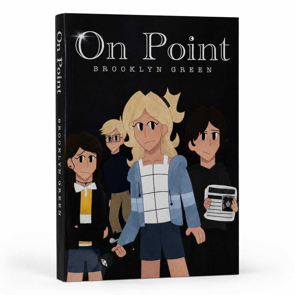 A book titled "On Point" by Brooklyn Green, shown standing upright against a plain white background. The cover is predominantly black with stylized illustrated characters and white title text.